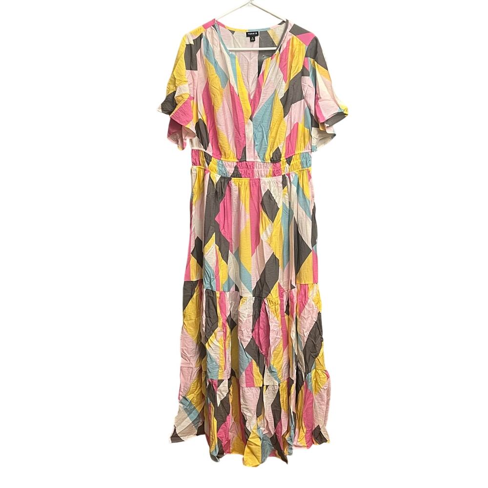 NWT Torrid 0 L 12 Giant Geo Tiered Maxi Dress Plus Pink Yellow Pockets - Picture 8 of 16